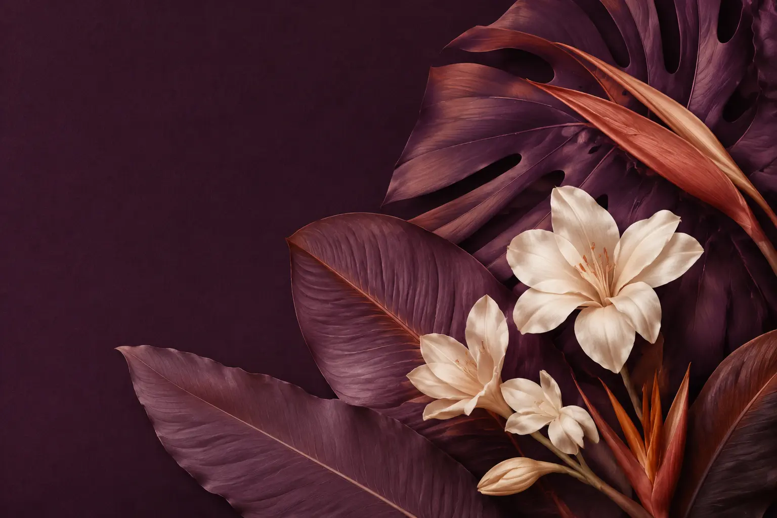 Tropical leaves and ivory flowers arranged on deep plum paper