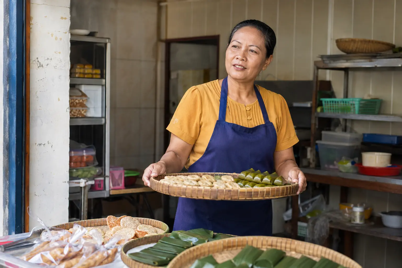 Asian woman presenting food from her neighbourhood business
