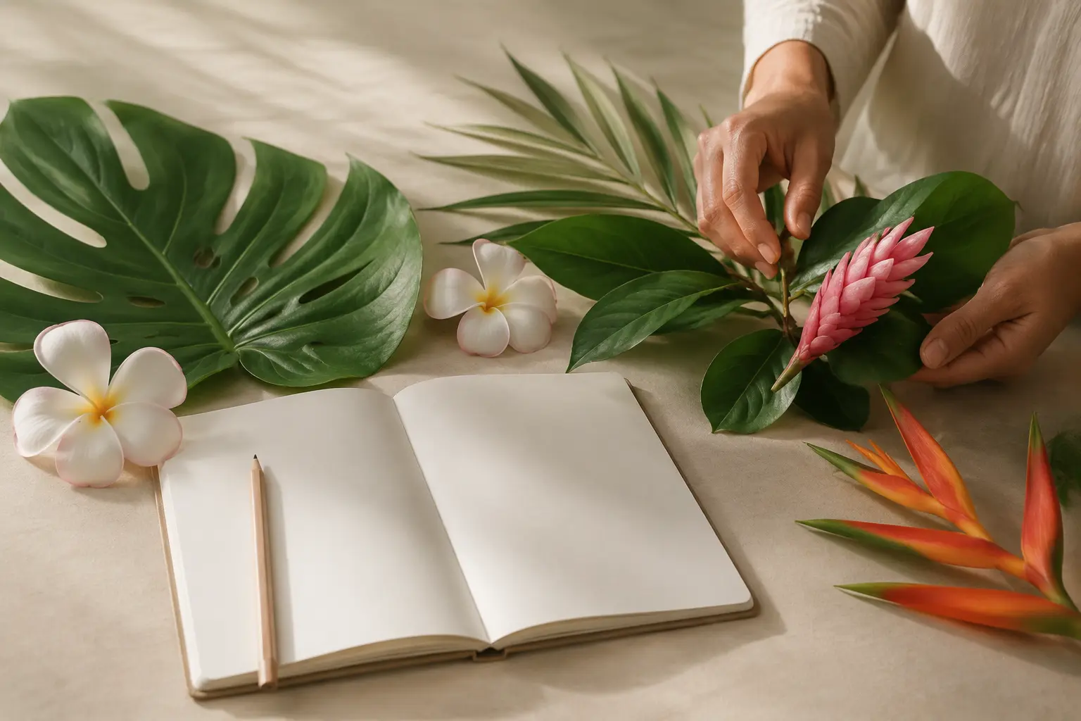 Hands arranging tropical leaves and flowers beside an open notebook