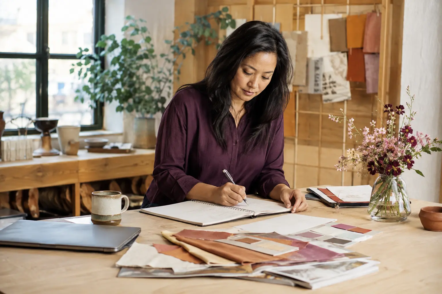 Asian woman writing in a notebook at a creative work table