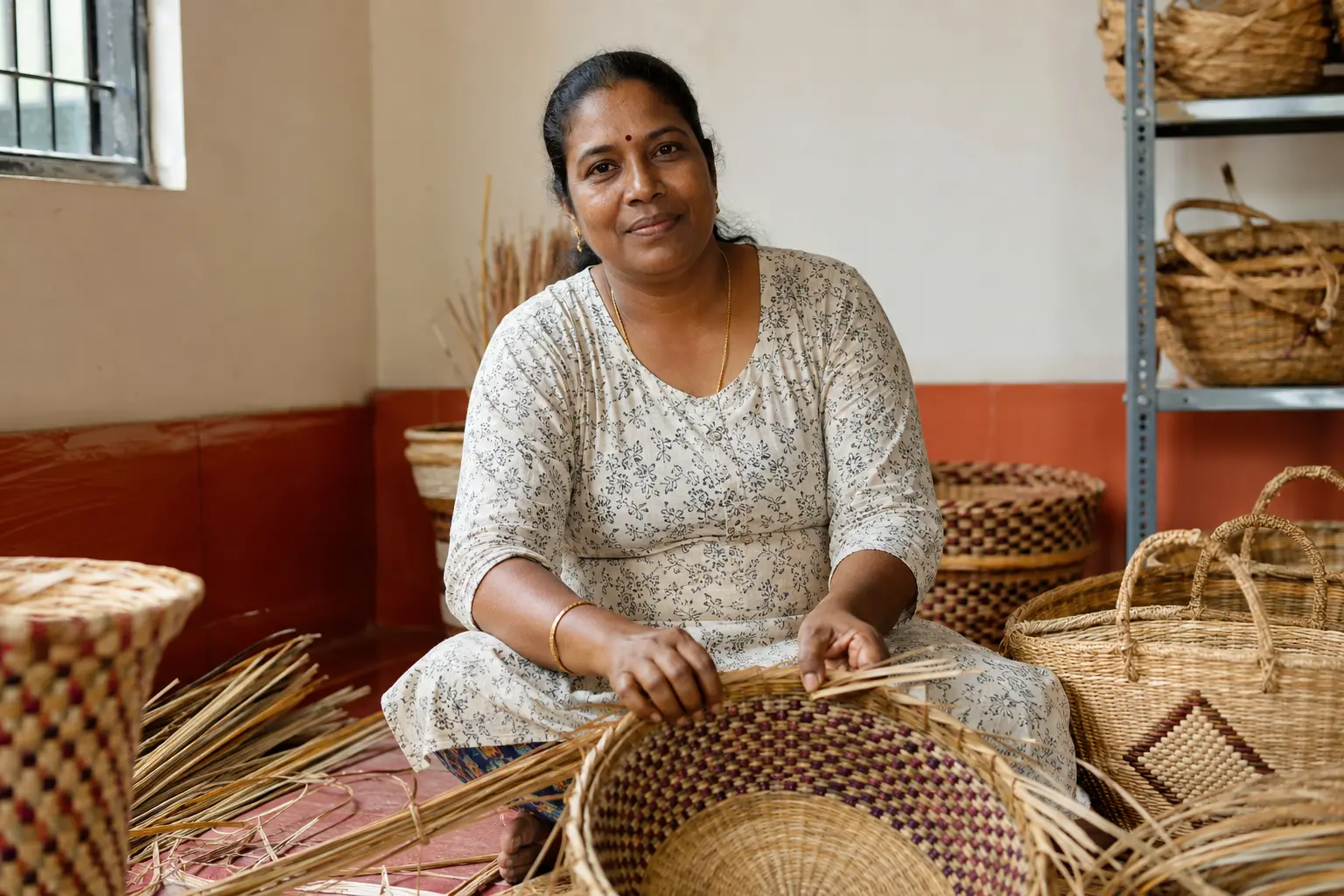 Indian woman weaving baskets by hand in her workshop