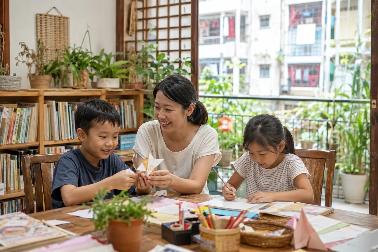 Asian woman sharing a learning moment with two children