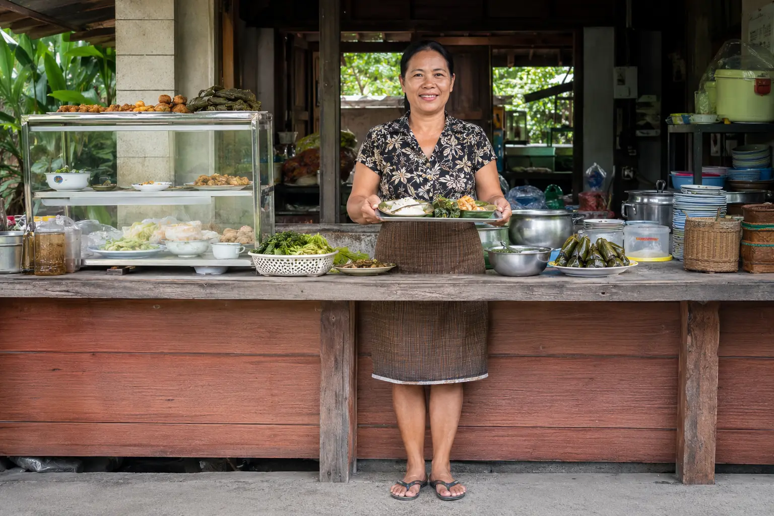 Southeast Asian woman running a welcoming neighbourhood food stall