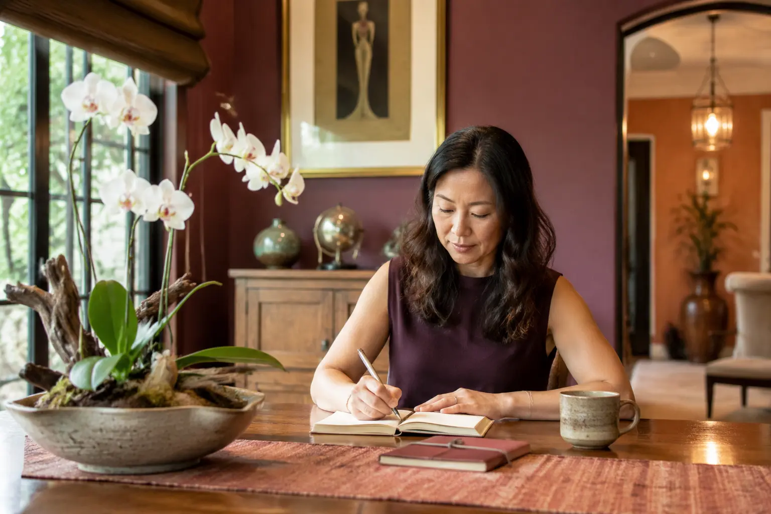 Asian woman writing in a notebook beside an orchid arrangement