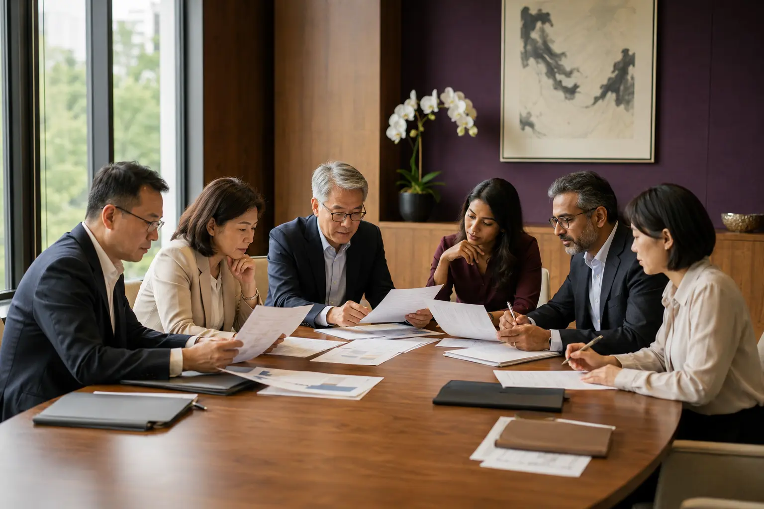 Six mixed-gender Asian reviewers carefully assessing nomination papers around a table