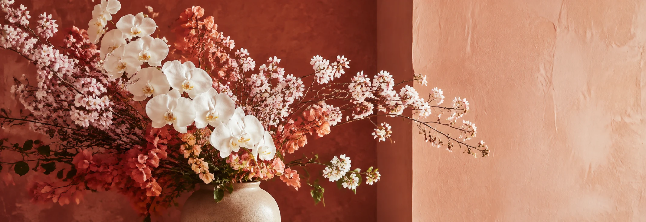 Elegant arrangement of white orchids and blush blossoms in a warm terracotta interior