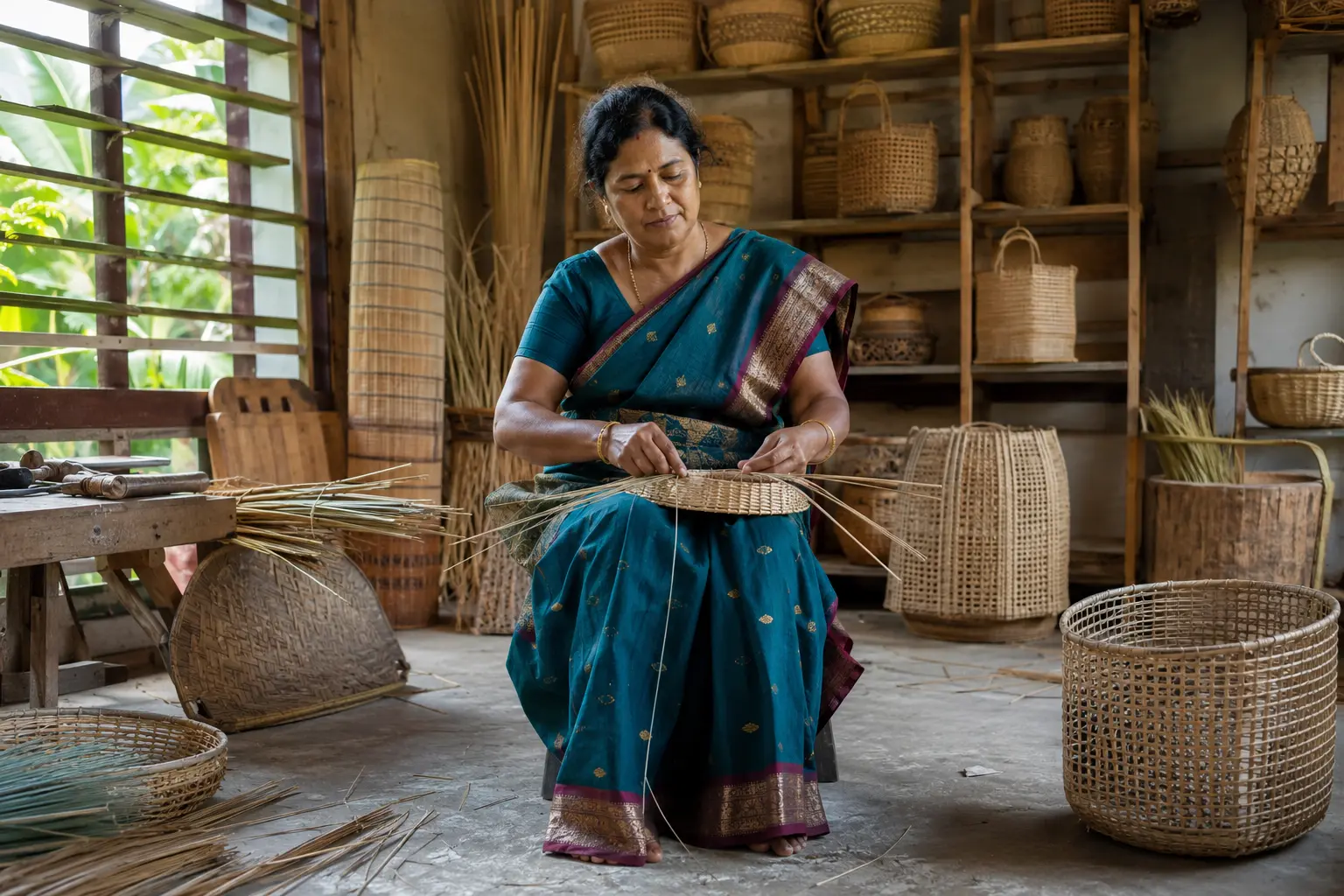 Indian Malaysian woman making handwoven baskets in her workshop