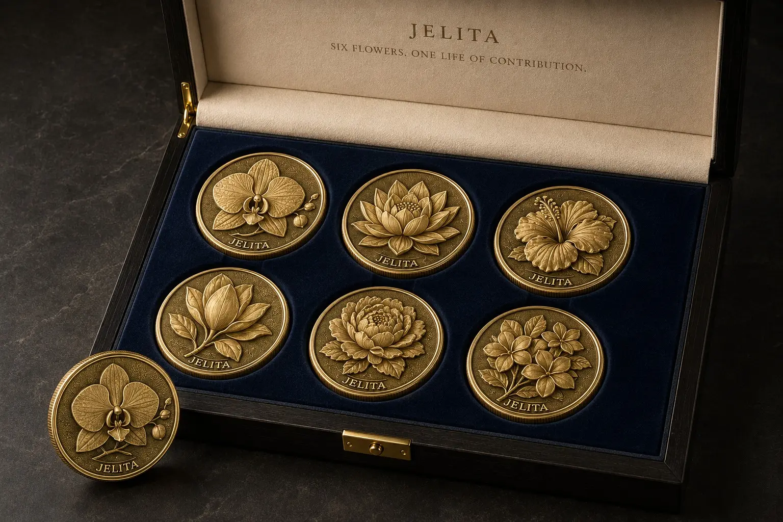 Six raised botanical gold coins arranged in a refined three by two display box