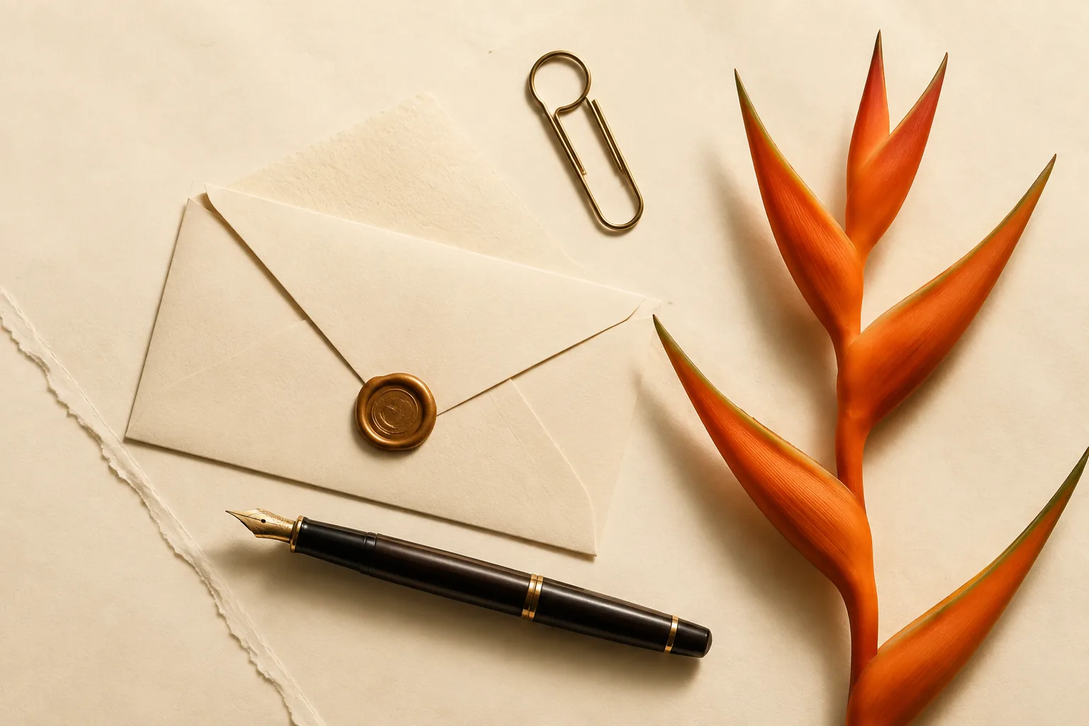 A sealed envelope, fountain pen and heliconia bloom on cream paper